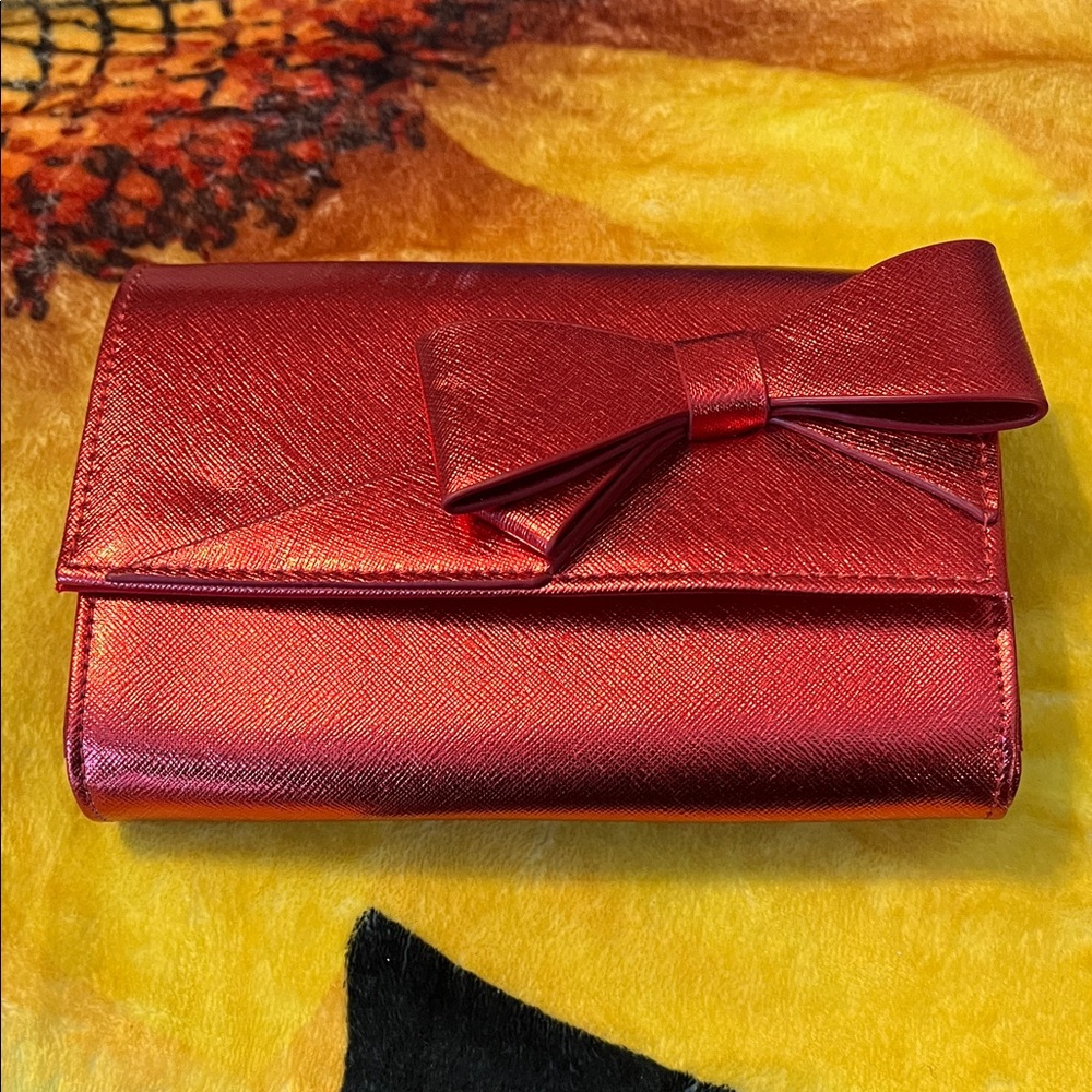 Elegant Metallic Red Bow Clutch Wallet for Women